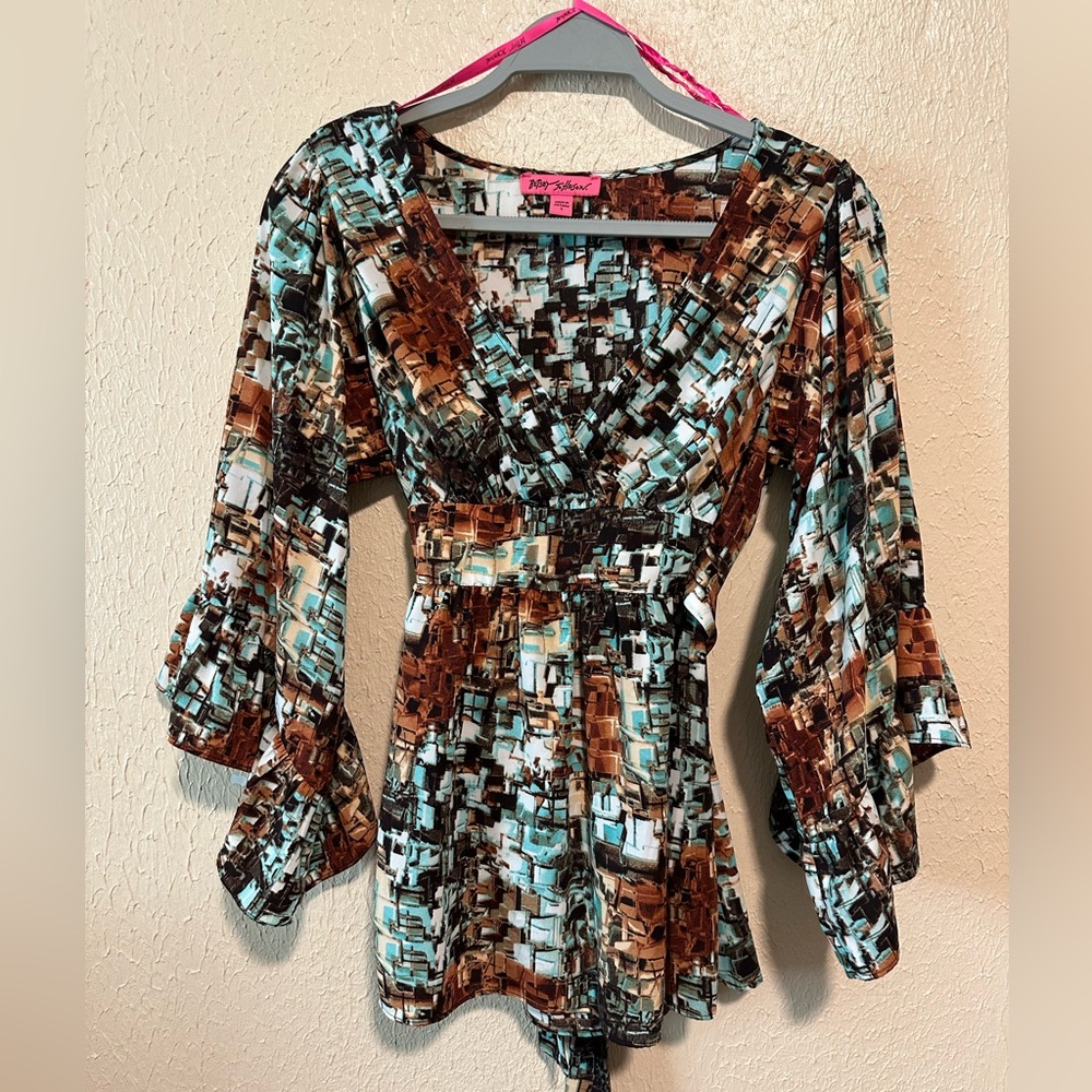 Betsey Johnson Peplum Wrap Splice Geo Ruffle Flare Bell Sleeve Blouse Small